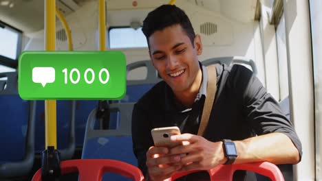 Man-riding-a-bus-smiling-while-checking-his-phone-4k
