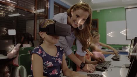 Kleines-Mädchen,-Das-Im-Computerunterricht-Ein-Virtual-Reality-Headset-Trägt