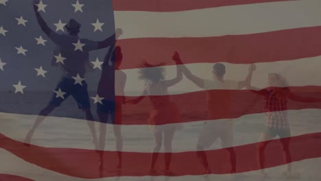 Gruppe-Von-Menschen-Am-Strand-Mit-Einer-Amerikanischen-Flagge