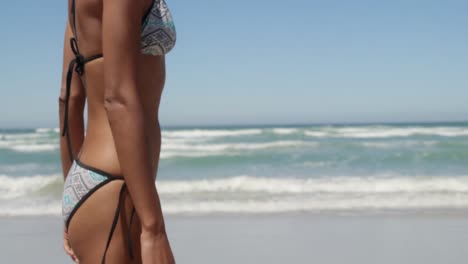 Seitenansicht-Einer-Jungen-Afroamerikanischen-Frau-Im-Bikini-Am-Strand-In-Der-Sonne-4k