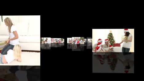 Montage-Von-Familien,-Die-Einen-Weihnachtsbaum-Schmücken