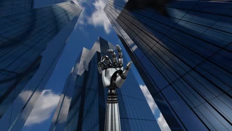 Robot-hand-rotating-on-bellow-tall-building