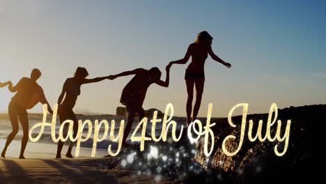 Happy-4th-of-July-greeting-and-silhouette-of-friends-by-the-beach-4k