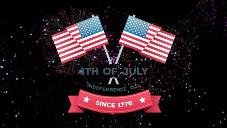 4-De-Julio,-Día-De-La-Independencia-Desde-1776,-Texto-En-Pancartas-Y-Banderas-Americanas-Con-Fuegos-Artificiales
