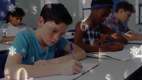 Schoolchildren-writing-while-numbers-and-symbols-move