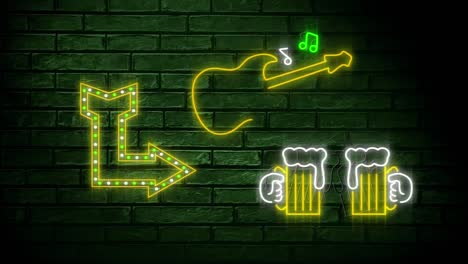 Neon-sign-showing-arrow,-guitar-and-chinking-beer-glasses