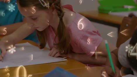 Schoolchildren-writing-while-numbers-and-symbols-move