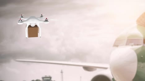 Drone-Llevando-Una-Caja-Al-Lado-De-Un-Avión