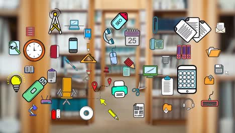 Colourful-icons-of-office-items-over-out-of-focus-bookshelves-in-the-background