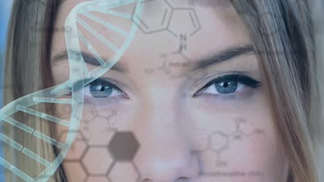 Drehender-DNA-Strang-Mit-Gesicht-Im-Hintergrund