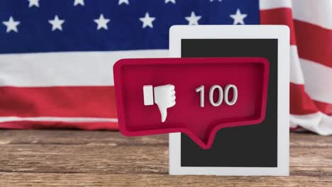 Thumbs-down-icon-and-an-American-flag-behind-a-tablet