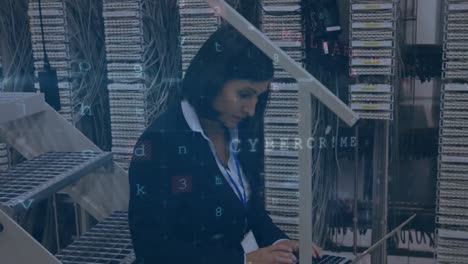 Woman-working-in-server-room-with-moving-data-security-messages