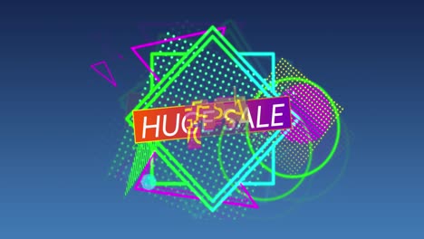 Huge-sale-graphic-and-colourful-shapes-tumble-into-place-on-dark-grey-background-4k