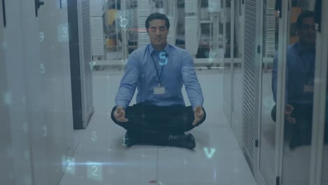 Man-meditating-in-server-room-while-security-messages-move-in-foreground