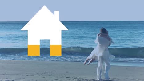 Couple-embracing-by-the-sea-and-house-icon-filling-yellow