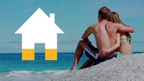 Couple-on-sunny-beach-with-house-icon-filling-yellow