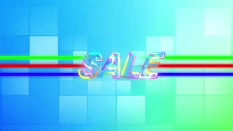 Sale-graphic-in-colorful-electrified-letters-with-moving-blue-squares-in-background