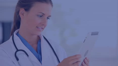 Female-doctor-using-tablet-computer-with-moving-molecular-structures
