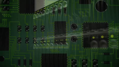 Computer-server-moving-on-circuit-board-on-dark-green-background