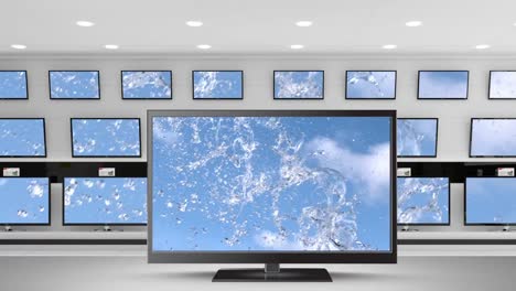 Blauer-Himmel-Mit-Wolken-Und-Wasserspritzern-Auf-Fernsehbildschirmen