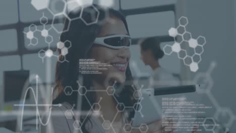 Scientific-data-with-woman-wearing-VR-glasses-in-a-background-4k
