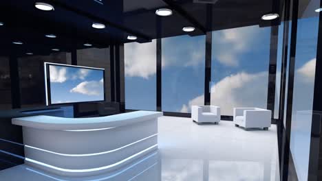 Modernes-Foyer-Und-Ein-Fernsehbildschirm-Mit-Blauem-Himmel-Und-Wolken