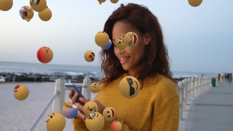 Iconos-Emoji-Con-Una-Mujer-Usando-Un-Teléfono-Inteligente-En-El-Fondo-4k