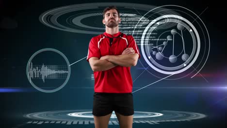 Professional-rugby-player-standing-with-arms-crossed-and-medical-data
