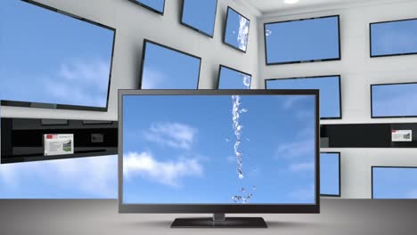 Blauer-Himmel-Mit-Wolken-Und-Wasserspritzern-Auf-Fernsehbildschirmen