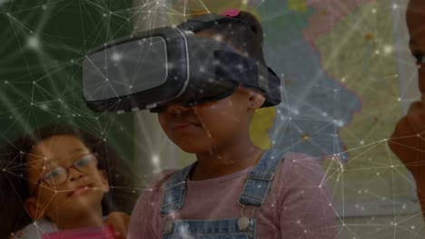 Netzwerk-Von-Verbindungen-Mit-Einer-Schülerin,-Die-Ein-VR-Headset-Trägt