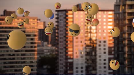 Iconos-Emoji-Volando-Sobre-El-Paisaje-Urbano-4k