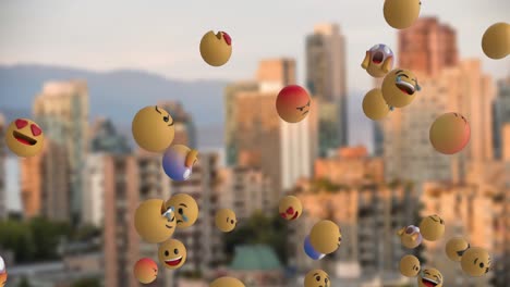 Emoji-icons-flying-over-cityscape-4k