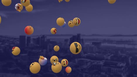 Emoji-icons-flying-over-cityscape-4k