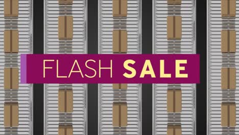 Flash-sale-graphic-in-dark-pink-banner-on-background-of-moving-parcels
