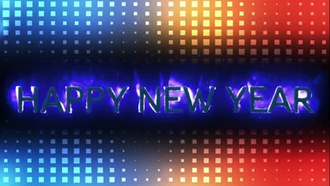 Happy-New-Year-graphic-and-glowing-lights-on-black-background