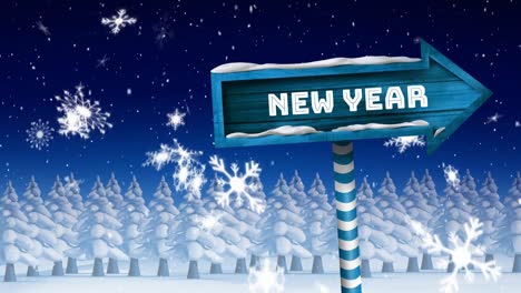 New-Year-written-on-wooden-sign-board-and-snow-falling