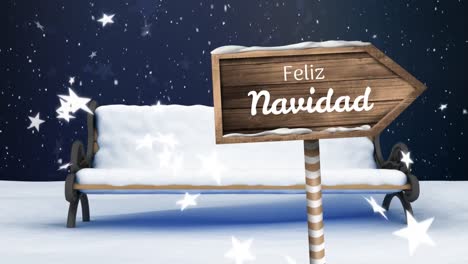 Feliz-Navidad-written-on-wooden-sign-board-and-snow-falling