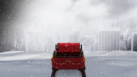 Snow-falling-and-sleigh-with-cityscape