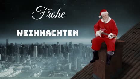 Frohe-Weihnachten-written-over-Santa-Claus-on-roof