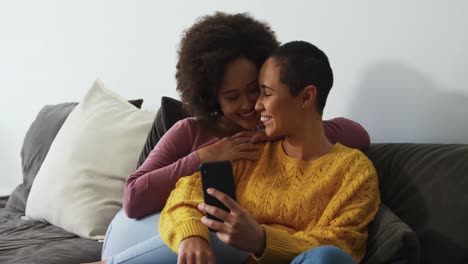 Lesbisches-Paar-Benutzt-Mobiltelefon-Und-Fotografiert-Im-Wohnzimmer