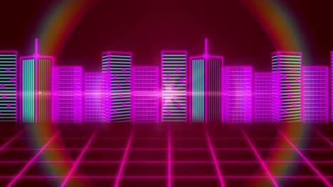 Animation-of-3d-cityscape-drawn-in-pink-and-green