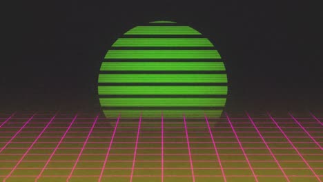Animation-of-green-circle-with-stripes-and-pink-grid