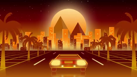 Animation-Der-Rückseite-Eines-Autos,-Das-Nachts-In-Richtung-Beleuchteter-Stadtlandschaft-Fährt