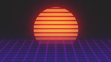 Animation-of-glowing-orange-circle-with-stripes-and-purple-grid