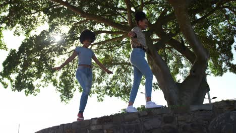 Two-mixed-race-women-walking-on-wall-in-park