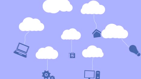 Weiße-Wolke-Bewegt-Sich-Mit-Netzwerksymbolen-Auf-Violettem-Hintergrund
