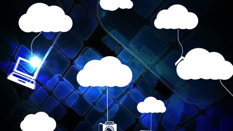 Weiße-Wolke-Bewegt-Sich-Mit-Netzwerksymbolen-Auf-Blauem-Digitalem-Hintergrund