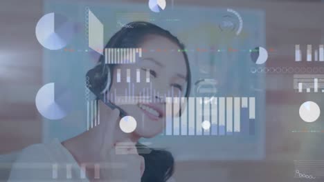 Animation-of-data-processing-with-Asian-woman-in-background