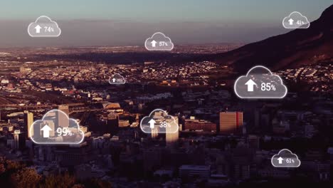 Animation-of-cloud-icons-with-percentage-and-city-in-background