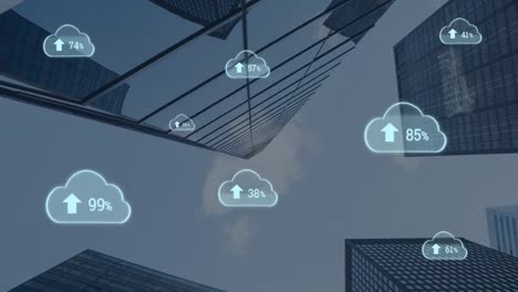 Animation-of-cloud-icons-with-percentage-and-buildings-in-background